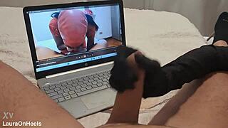 milf's gloved hand strokes monster cock to cumshot pov