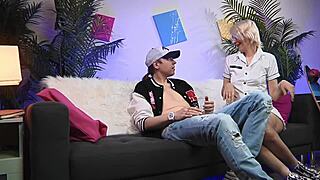 Stepmom with short hair jerks big cock in jeans, making you cum hard with blonde handjob!