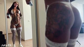 Hottie in white stockings fucks hard, takes cumshot on hairy pussy 😏