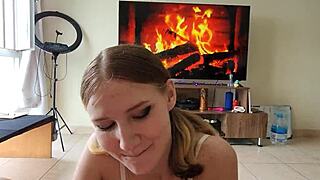 watch this cute petite girl suck that monster cock hard and deep, she's such a good cum slut