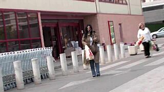 Brunette mom in fishnets bends over eagerly