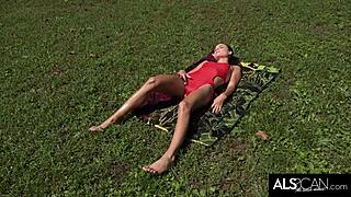 Slim Teen Feels Intense Climax Oiling Up In Sun