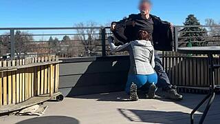 redhead slut gives fast handjob blowjob while boyfriend waits