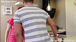 Brunette Bent Over in Intense Threesome Blowjob