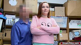 Does the redhead teen shoplifter suck the officer's cock bent over at work?