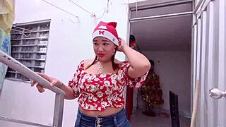 Hot stepmom ejaculates on her stepsons big cock during christmas doggystyle fucking.