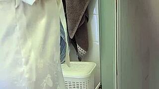 Stepmom helped her son in the shower with big tits and cum 😏