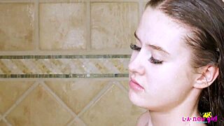 skinny teen brunette took a shower after a long day, relaxing on the sofa