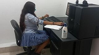 The 18-year-old student in uniform studies computer classes scantily clad, her big natural tits distracting everyone.