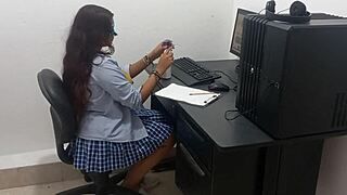 The 18-year-old student in uniform studies computer classes scantily clad, her big natural tits distracting everyone.
