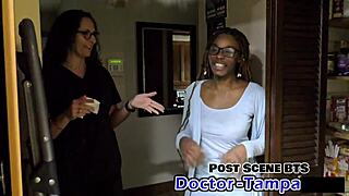 Dr. Tampa's interns giggle during backstage sucking and shaved pussy play.