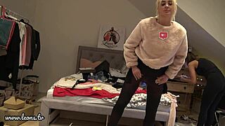 petite college girls at house party trying on costumes and lingerie