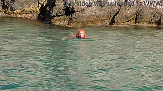 Naked Girl Flashing in Blue Water