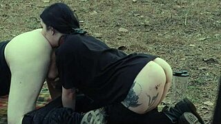 Submissive cutie eats ass at picnic then rough face fucking 😈