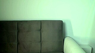 Beauty in a denim skirt showed her ass with a toy inside