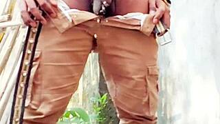 Small hairy black cock pissing outdoor and indoor in public