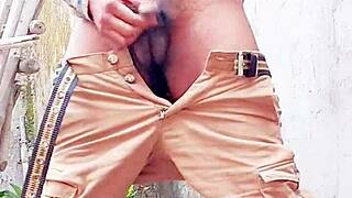 Small hairy black cock pissing outdoor and indoor in public