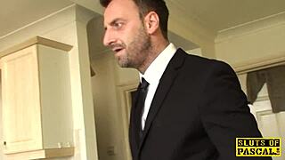 ballgagged uk sub gets whipped then throatfucked close up 😈