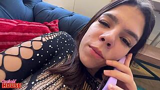 Hot young girl masturbates watching porn then fucks two guys in homemade group sex