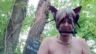 Feeling bound as ponygirl slave in forest with toys