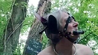 Feeling bound as ponygirl slave in forest with toys