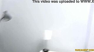 British brunette milf in lingerie fucks on office desk during casting.