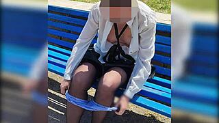 my slutty teacher flashes and fingers her pussy in the public park while people watch