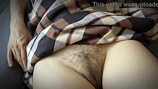 Stepson rubs stepmom's hairy wet pussy to cumshot