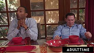 Penelope woods serves her pussy and ass at the dinner party for a 6 on 1 gangbang, getting cum covered