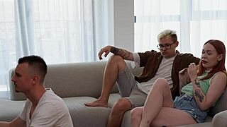 Stepmom seduces friend in secret while son games!