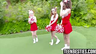 These cheerleader besties spot a massive cock during practice. They deepthroat it pov then dive into a hardcore foursome with doggystyle pounding outdoors.