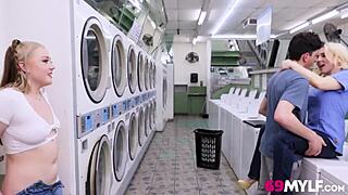 Stepmom Shares Stepson with Stepdaughter in Laundromat Threesome