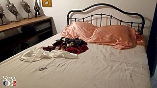 Bend over in those black leather pants and red satin panties. She gets doggy style fucking with rimming and blowjob.