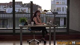 Flexible maid gets interracial blowjob, handjob, and cum on tits in POV