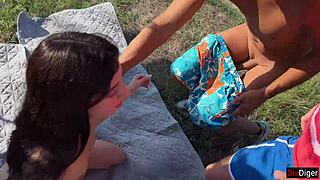 Young Skinny Babe Gets Cummed in Hardcore Mountain Group Sex!