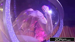 Blonde bombshell strips and takes huge oiled cock in ass.