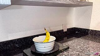 Step-Dad Joins Lesbian Teens In Kitchen Threesome.