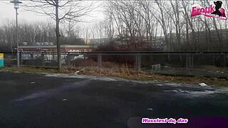 German bitch pisses in handbag outdoors!