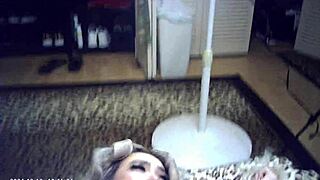 Asian blonde in glasses gets doggystyle fucking behind scenes with pornstar.