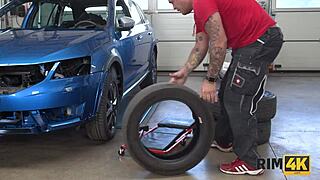 this lady with big tits is licking ass in the car repair shop