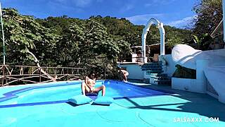 Tattooed Latina Bent Over For Doggystyle Fingering By The Pool.