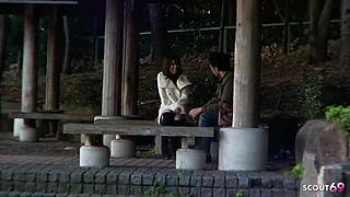 skinny japanese teen 18+ gives blowjob to stranger in car during porn casting