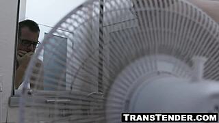 Cute redhead shemale bent over and assfucked by muscled lover.