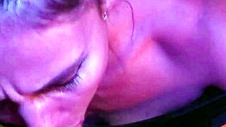 Check out this sexy blowjob in neon night with deep throat action 😍