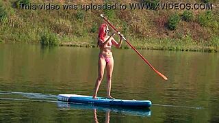 sup and pink micro bikini flashing outdoors