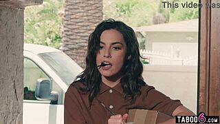 Teen answering the door with a strapon surprises the delivery girl