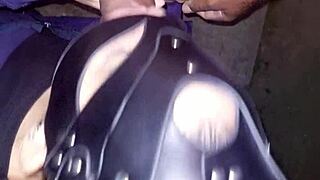 Blonde slut in lingerie takes dick in backyard amid passing cars.