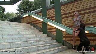 Bound pierced pussy blonde gets PUNISHED in PUBLIC bondage domination.