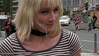 Bound pierced pussy blonde gets PUNISHED in PUBLIC bondage domination.