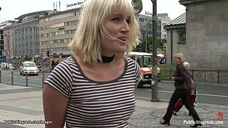 Bound pierced pussy blonde gets PUNISHED in PUBLIC bondage domination.